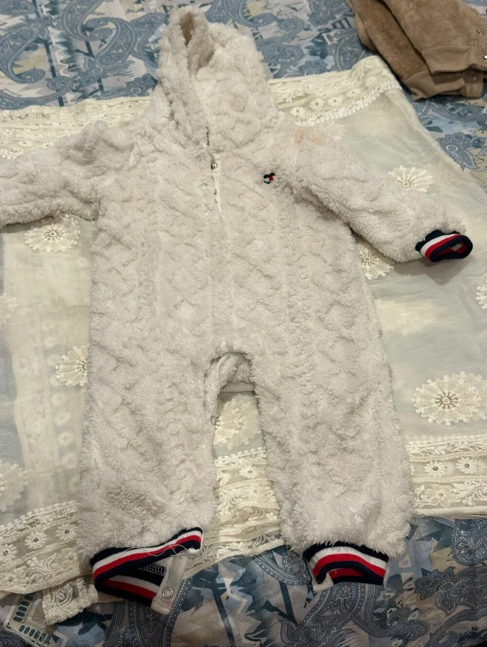 Tommy Hilfiger White Plush Hooded Baby One-Piece with Stripe Cuffs